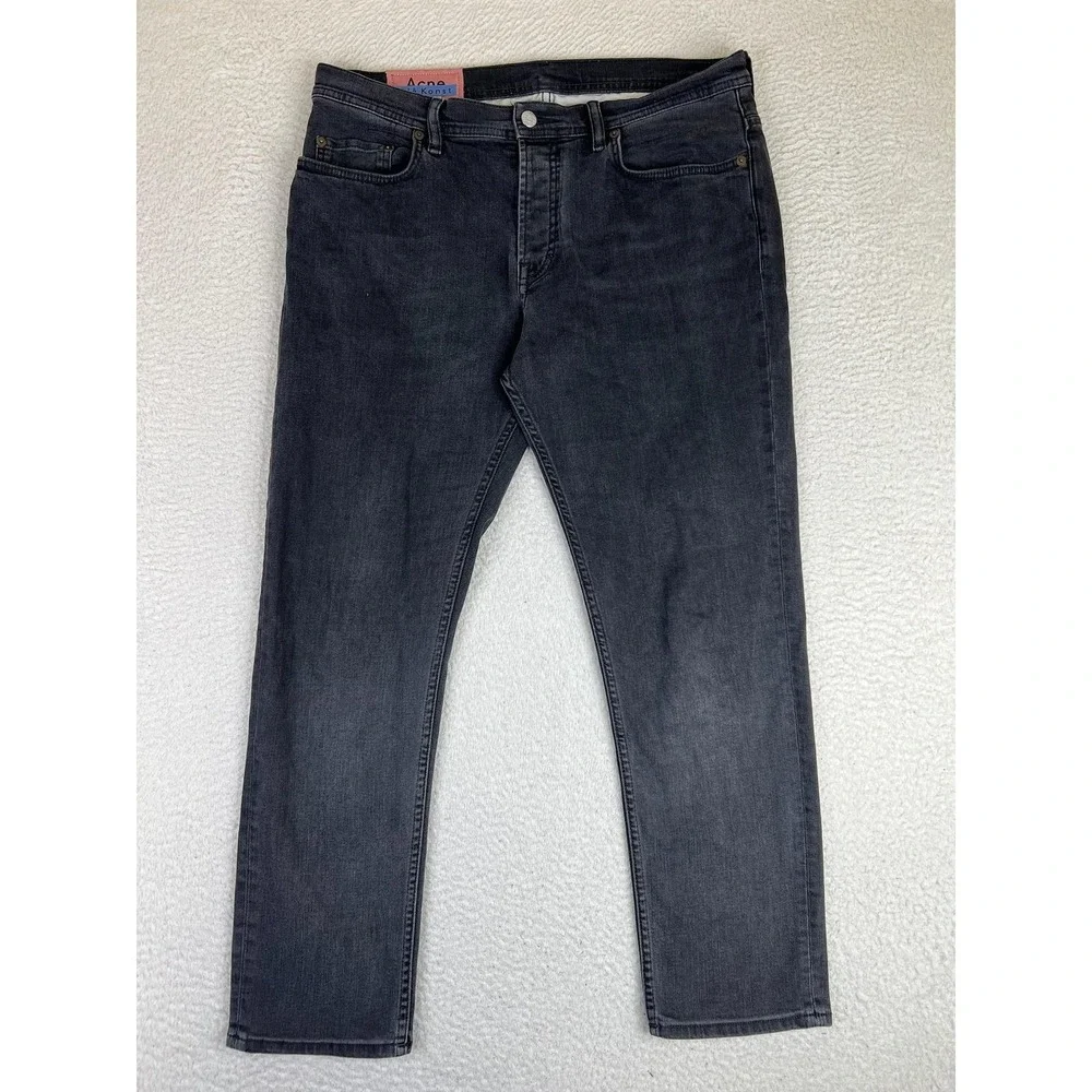 Acne Studios River Used Blk Jeans Mens 34x32 Black Slim Tapered Stretch‎ Denim